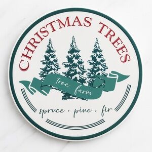 13. NWT Vintage Style Tin Christmas Tree Farm Sign– 14” Round Wall holiday Decor
